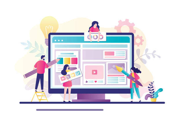 Website development concept. Group of developers and designers create website. Teamwork, creation of an online store or blog. Copywriting, uploading media content to web page. Flat vector illustration